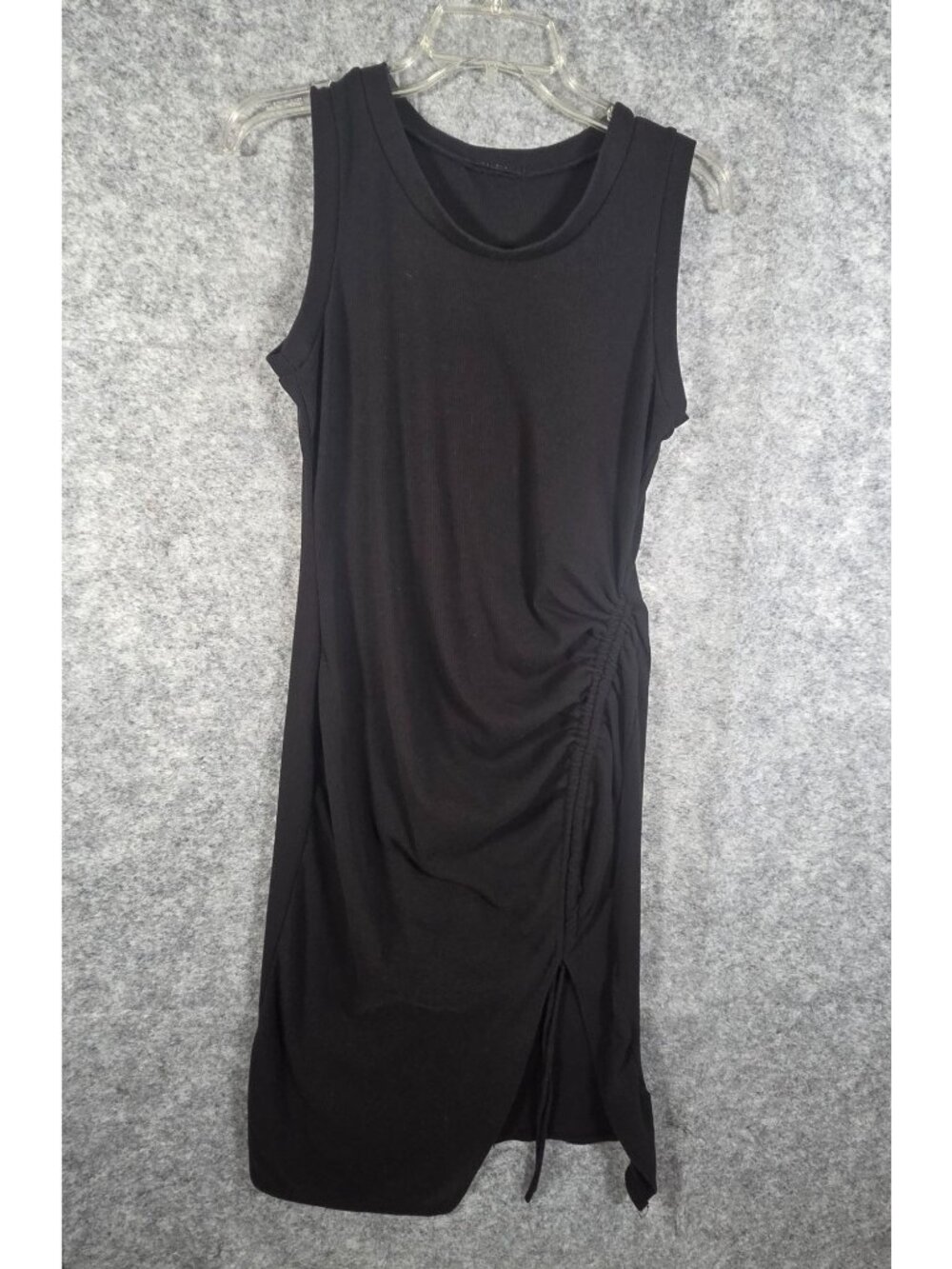 All Saints Black Ruched Bodycon Dress Side Slit Minimalist LBD 2 - Picture 2 of 9